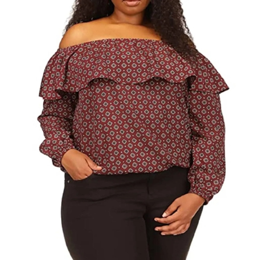 Michael Kors Burgundy Patterned Off-Shoulder Blouse